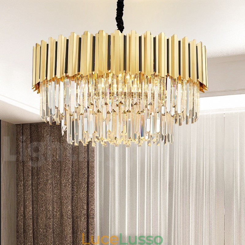 Quest'anno il lampadario a sospensione in cristallo K9 rotondo dorato postmoderno di lusso è esposto nella sala espositiva