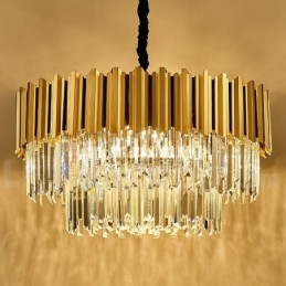 Quest'anno il lampadario a sospensione in cristallo K9 rotondo dorato postmoderno di lusso è esposto nella sala espositiva