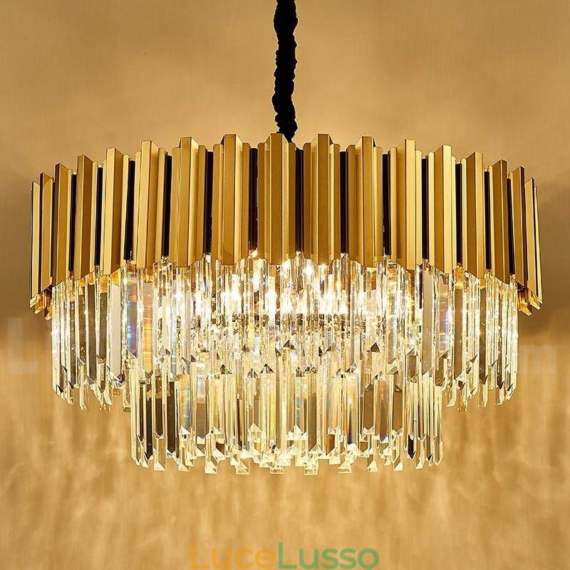 Quest'anno il lampadario a sospensione in cristallo K9 rotondo dorato postmoderno di lusso è esposto nella sala espositiva