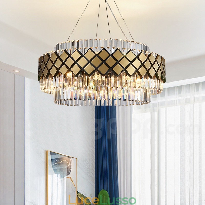 Lampadario moderno di lusso in oro e nero con pendente in cristallo K9 rotondo, sala espositiva