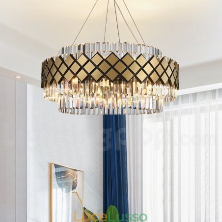 Lampadario moderno di lusso in oro e nero con pendente in cristallo K9 rotondo, sala espositiva Lampadario moderno di lusso in oro e nero con pendente in cristallo K9 rotondo, sala espositiva