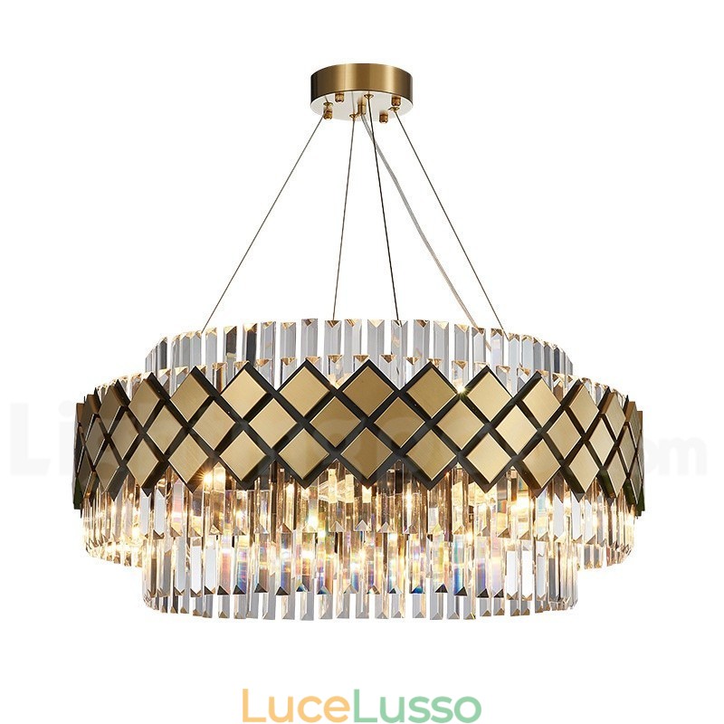Lampadario moderno di lusso in oro e nero con pendente in cristallo K9 rotondo, sala espositiva