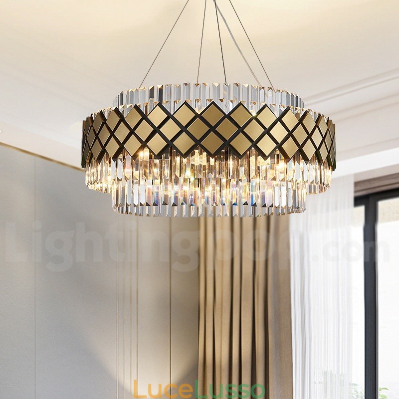 Lampadario moderno di lusso in oro e nero con pendente in cristallo K9 rotondo, sala espositiva
