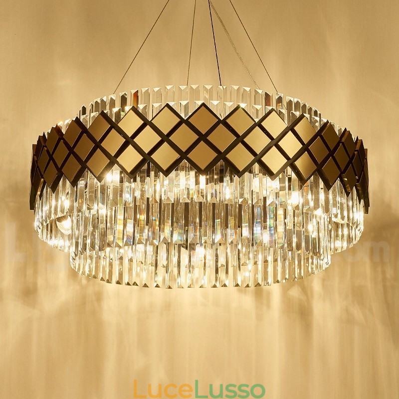 Lampadario moderno di lusso in oro e nero con pendente in cristallo K9 rotondo, sala espositiva