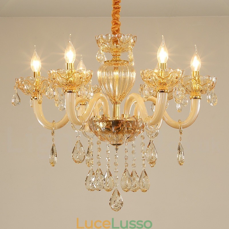 Lampadario a 6 luci color champagne con candela in cristallo