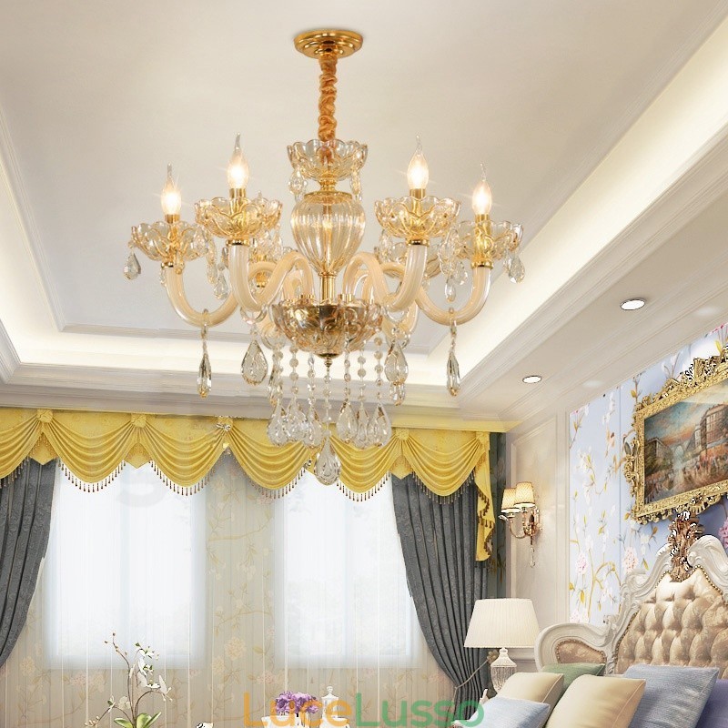 Lampadario a 6 luci color champagne con candela in cristallo