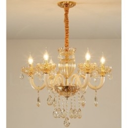 Lampadario a 6 luci color champagne con candela in cristallo