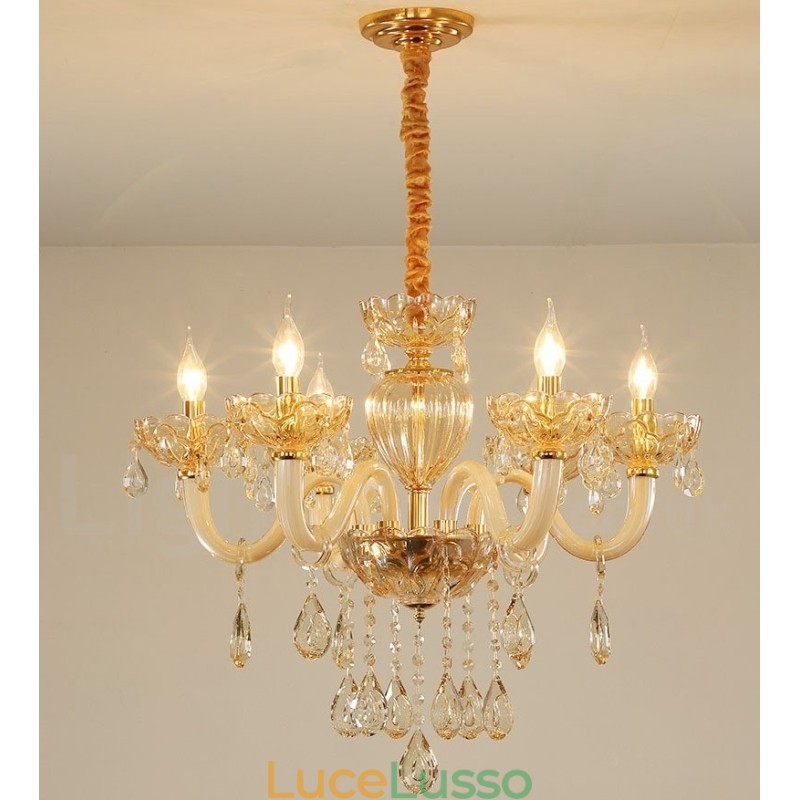 Lampadario a 6 luci color champagne con candela in cristallo