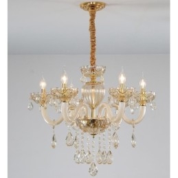 Lampadario a 6 luci color champagne con candela in cristallo