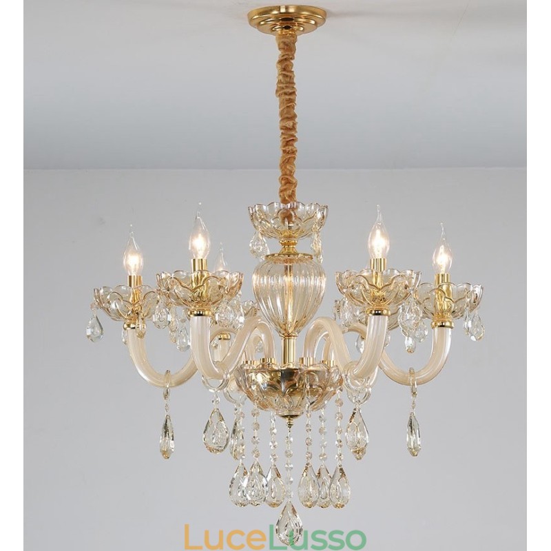 Lampadario a 6 luci color champagne con candela in cristallo