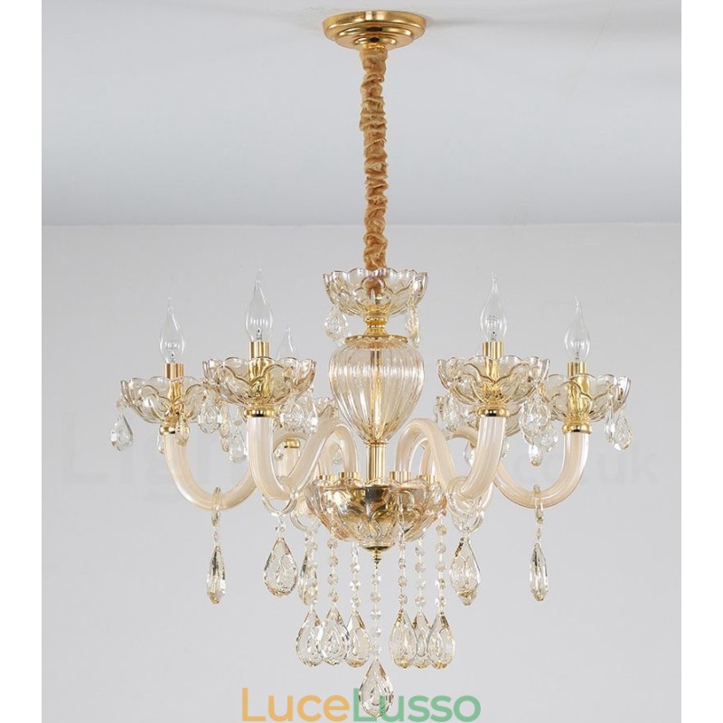 Lampadario a 6 luci color champagne con candela in cristallo