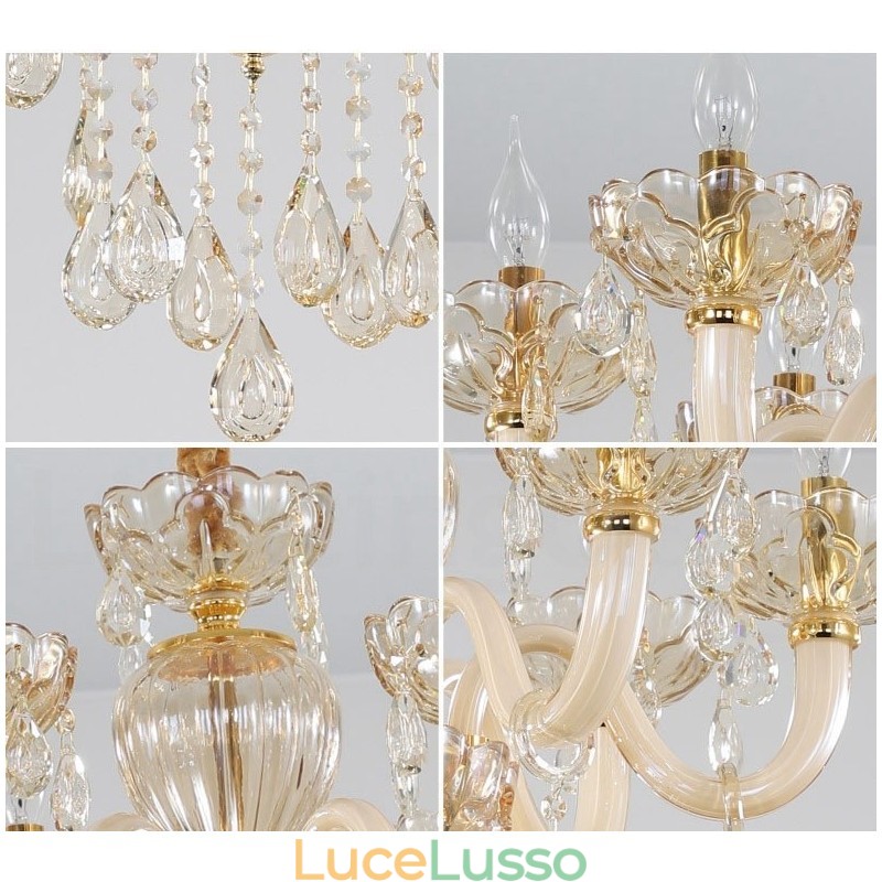 Lampadario a 6 luci color champagne con candela in cristallo