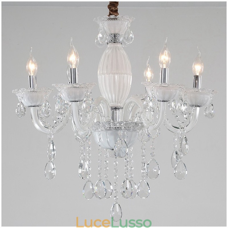 Lampadario a 6 luci con candela bianca e cristallo