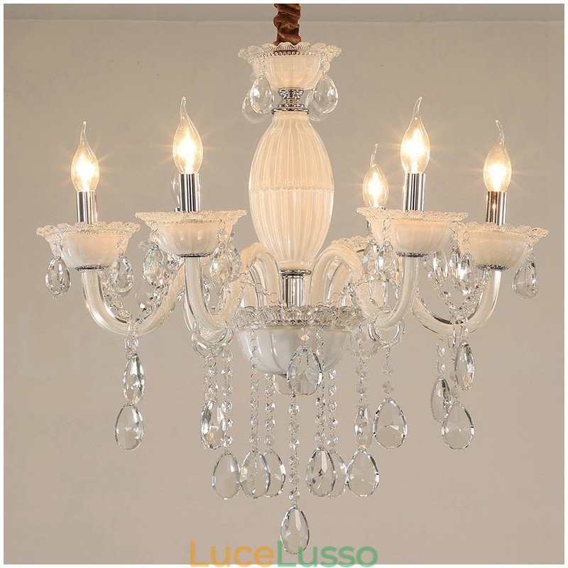 Lampadario a 6 luci con candela bianca e cristallo