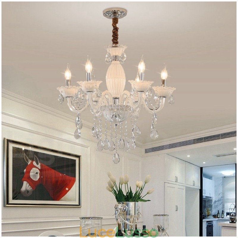 Lampadario a 6 luci con candela bianca e cristallo