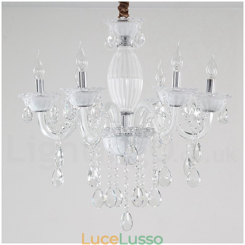 Lampadario a 6 luci con candela bianca e cristallo