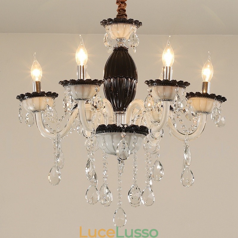 Lampadario a 6 luci con candela nera e cristallo