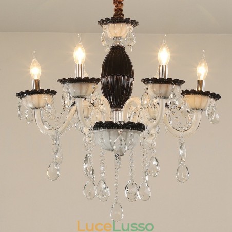 Lampadario a 6 luci con candela nera e cristallo Lampadario a 6 luci con candela nera e cristallo