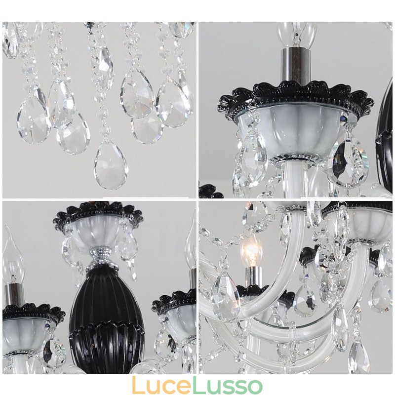 Lampadario a 6 luci con candela nera e cristallo