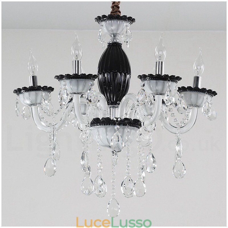 Lampadario a 6 luci con candela nera e cristallo