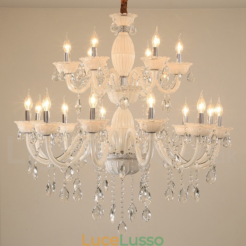 Lampadario elegante a candela bianco con 18 luci (12+6) e cristallo