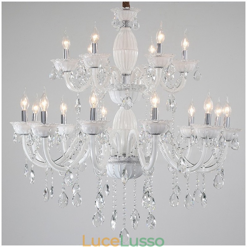 Lampadario elegante a candela bianco con 18 luci (12+6) e cristallo