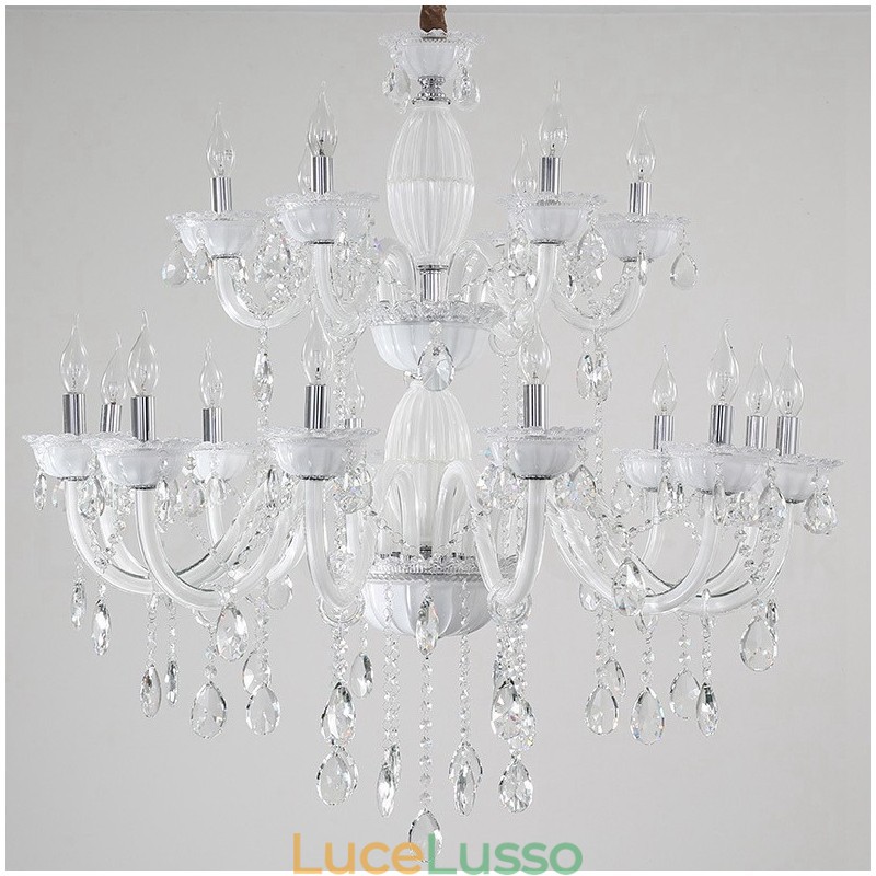 Lampadario elegante a candela bianco con 18 luci (12+6) e cristallo