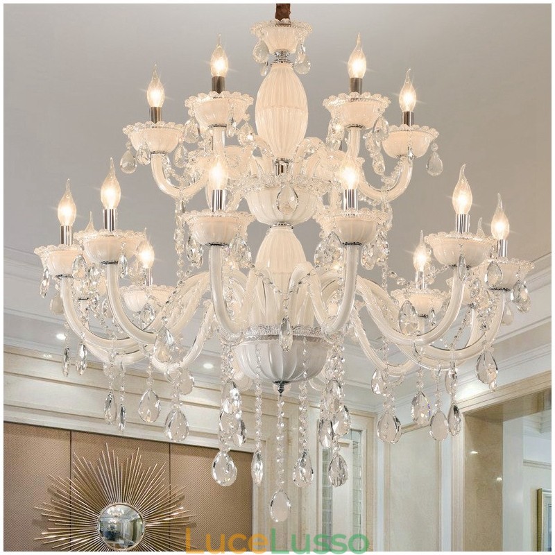 Lampadario elegante a candela bianco con 18 luci (12+6) e cristallo