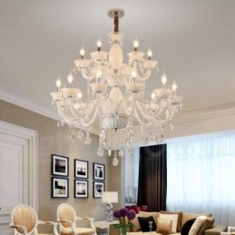 Lampadario elegante a candela bianco con 18 luci (12+6) e cristallo