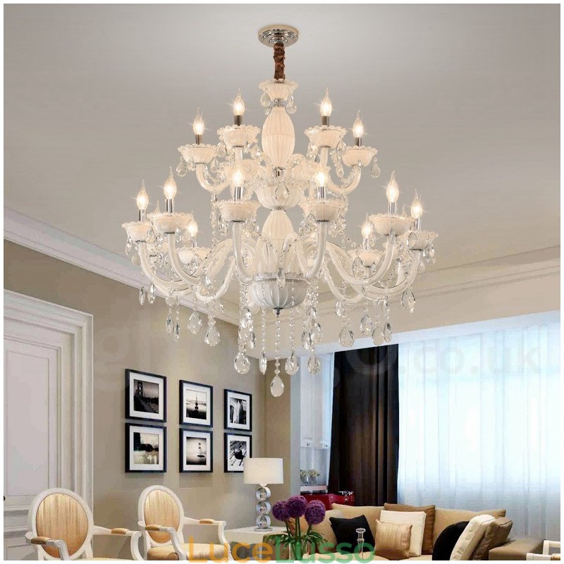 Lampadario elegante a candela bianco con 18 luci (12+6) e cristallo