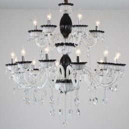 Lampadario elegante a candela nero da 18 (12+6) luci con cristallo