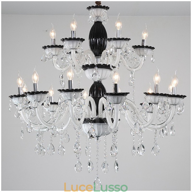 Lampadario elegante a candela nero da 18 (12+6) luci con cristallo