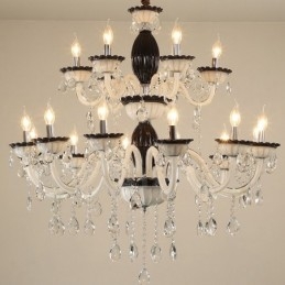 Lampadario elegante a candela nero da 18 (12+6) luci con cristallo
