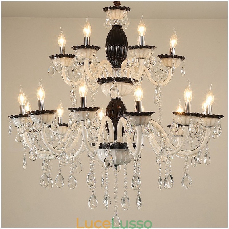 Lampadario elegante a candela nero da 18 (12+6) luci con cristallo