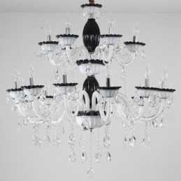 Lampadario elegante a candela nero da 18 (12+6) luci con cristallo