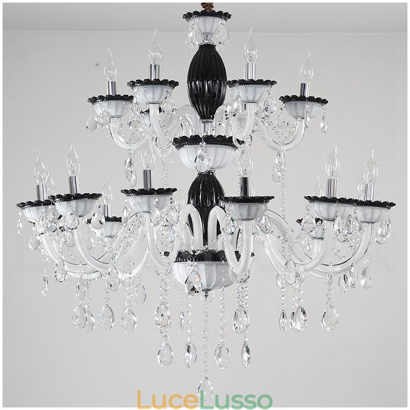 Lampadario elegante a candela nero da 18 (12+6) luci con cristallo