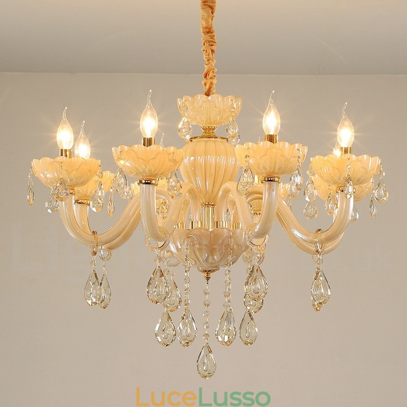 Lampadario a candela di cristallo champagne di lusso a 8 luci