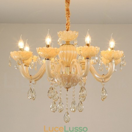 Lampadario a candela di cristallo champagne di lusso a 8 luci Lampadario a candela di cristallo champagne di lusso a 8 luci