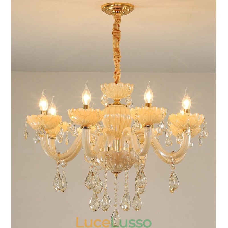 Lampadario a candela di cristallo champagne di lusso a 8 luci