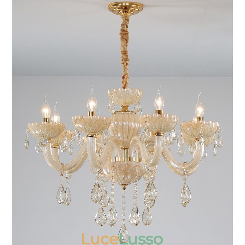 Lampadario a candela di cristallo champagne di lusso a 8 luci
