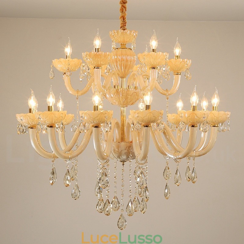 Lampadario a candela di cristallo champagne di lusso da 18 (12+6) luci