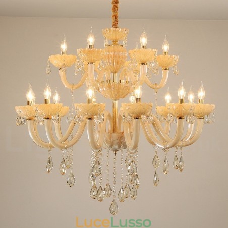 Lampadario a candela di cristallo champagne di lusso da 18 (12+6) luci