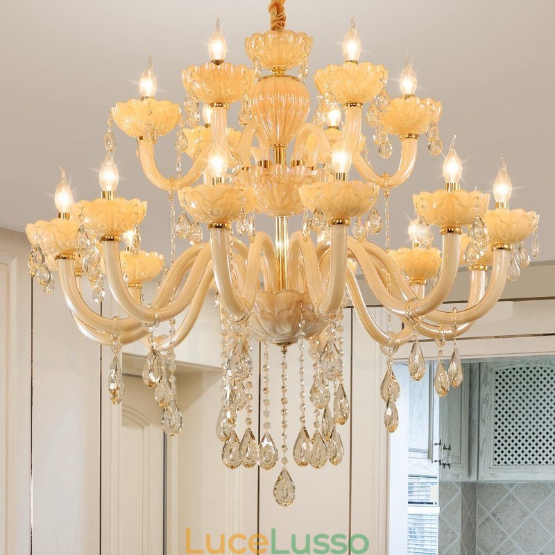 Lampadario a candela di cristallo champagne di lusso da 18 (12+6) luci
