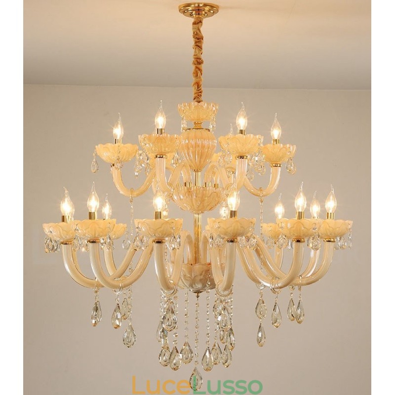 Lampadario a candela di cristallo champagne di lusso da 18 (12+6) luci