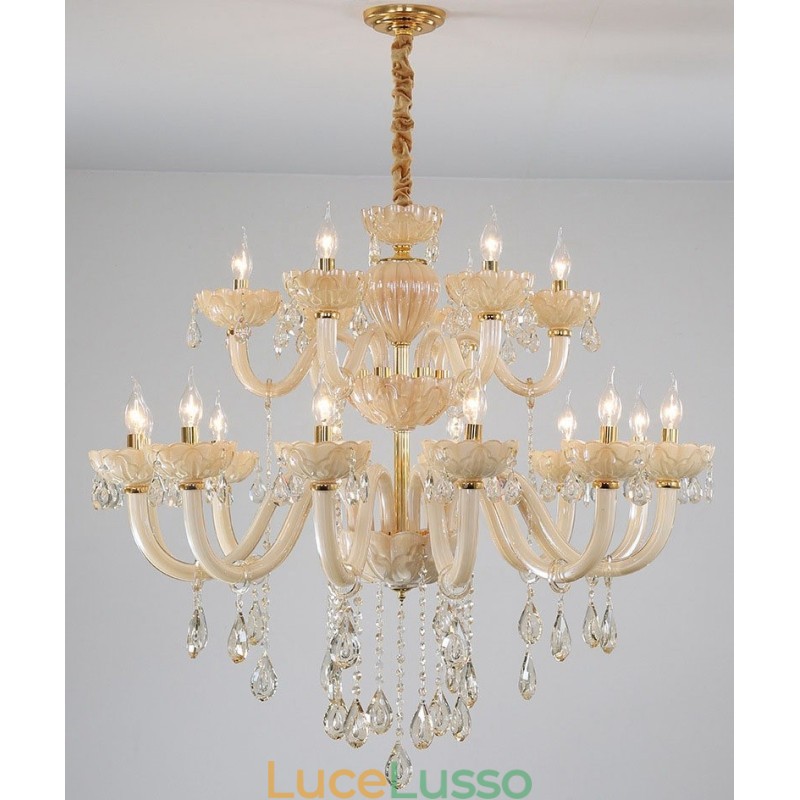 Lampadario a candela di cristallo champagne di lusso da 18 (12+6) luci