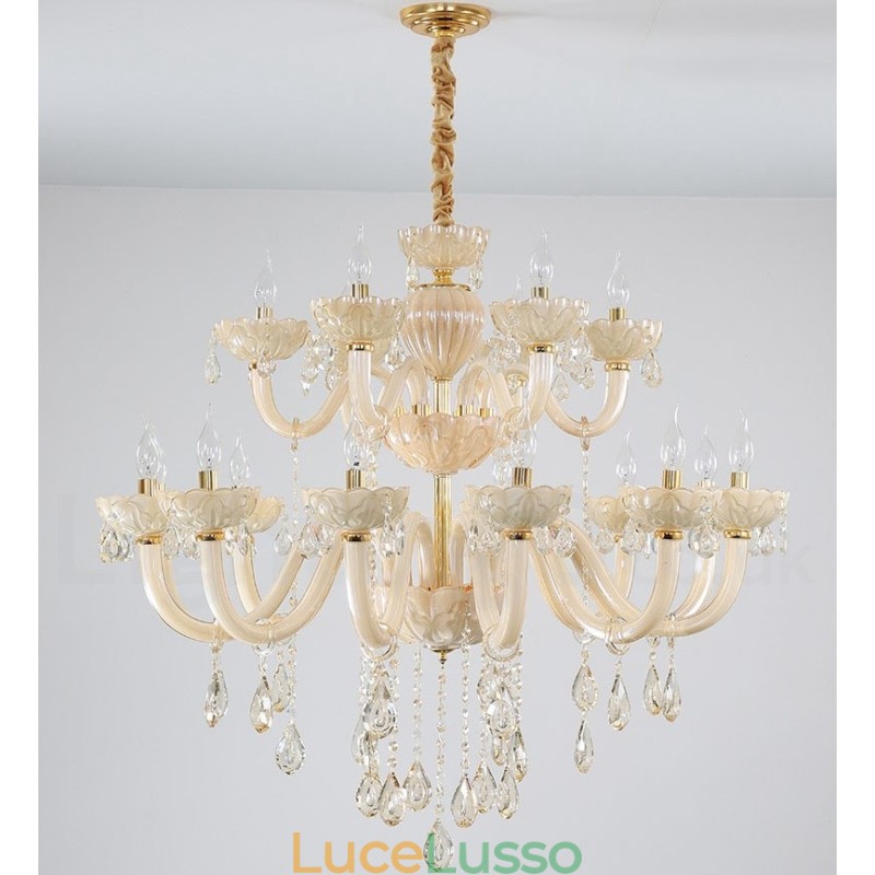Lampadario a candela di cristallo champagne di lusso da 18 (12+6) luci