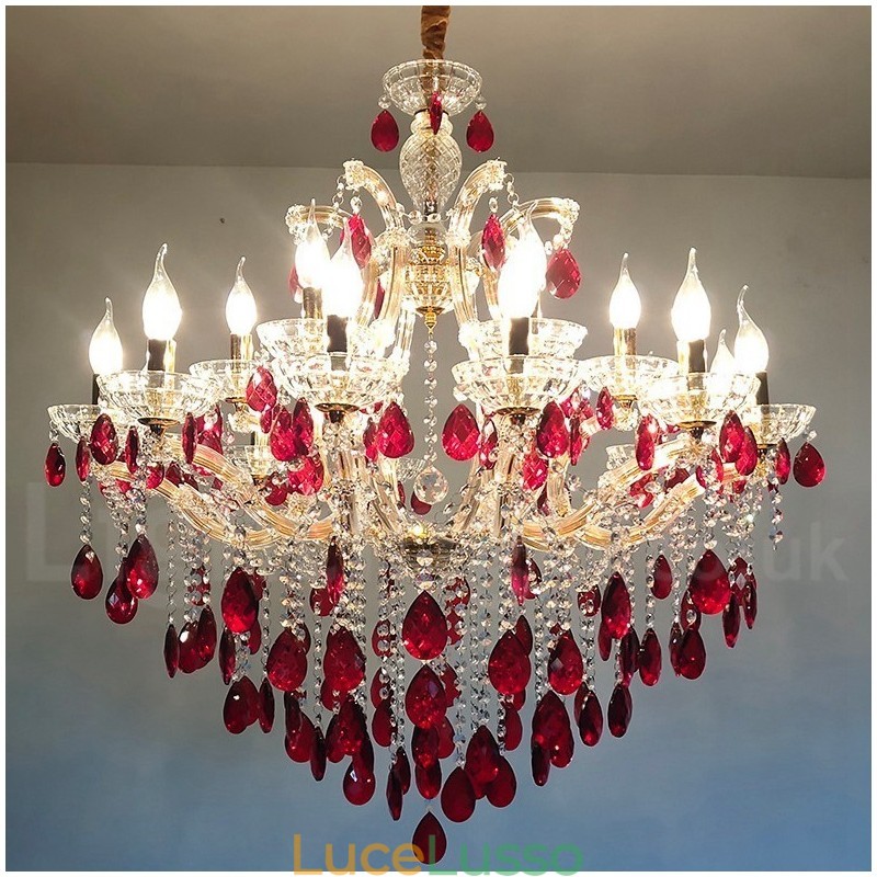 Lampadario in oro con 18 (12+6) candele di cristallo rosso di lusso