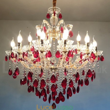 Lampadario in oro con 18 (12+6) candele di cristallo rosso di lusso Lampadario in oro con 18 (12+6) candele di cristallo rosso di lusso