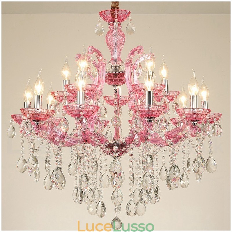 Lampadario a candela di cristallo di lusso multicolore da 18 (12+6) luci con cristallo trasparente