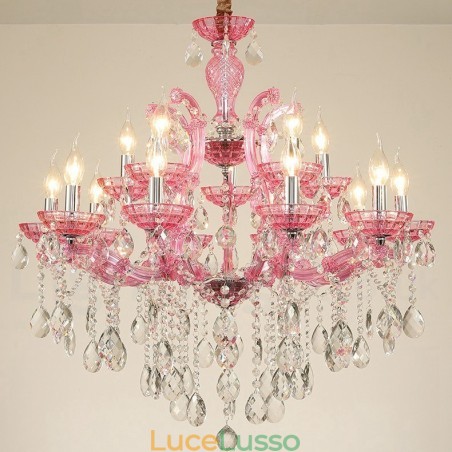 Lampadario a candela di cristallo di lusso multicolore da 18 (12+6) luci con cristallo trasparente Lampadario a candela di cristallo di lusso multicolore da 18 (12+6) luci con cristallo trasparente